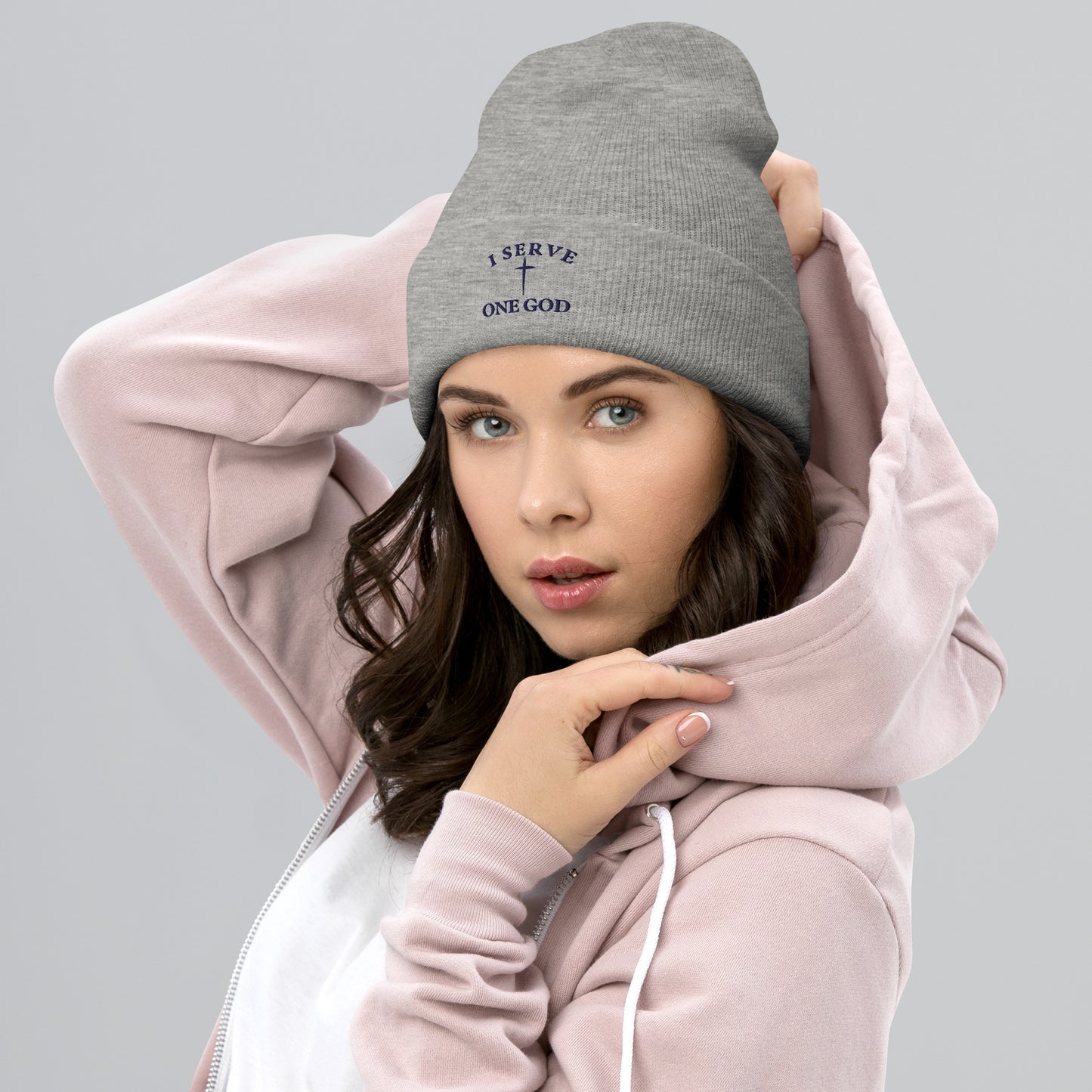 Blue Stitched Serve ONE GOD Cuffed Beanie