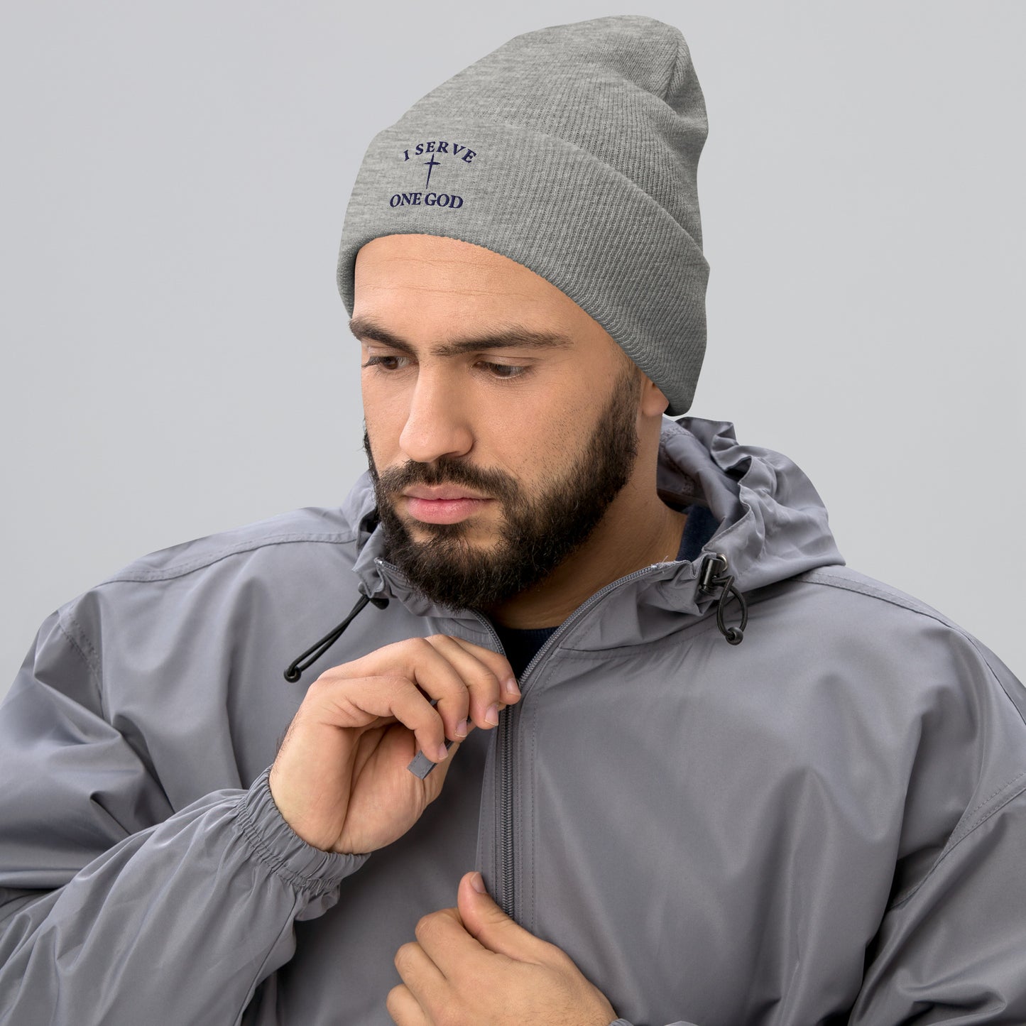 Blue Stitched Serve ONE GOD Cuffed Beanie
