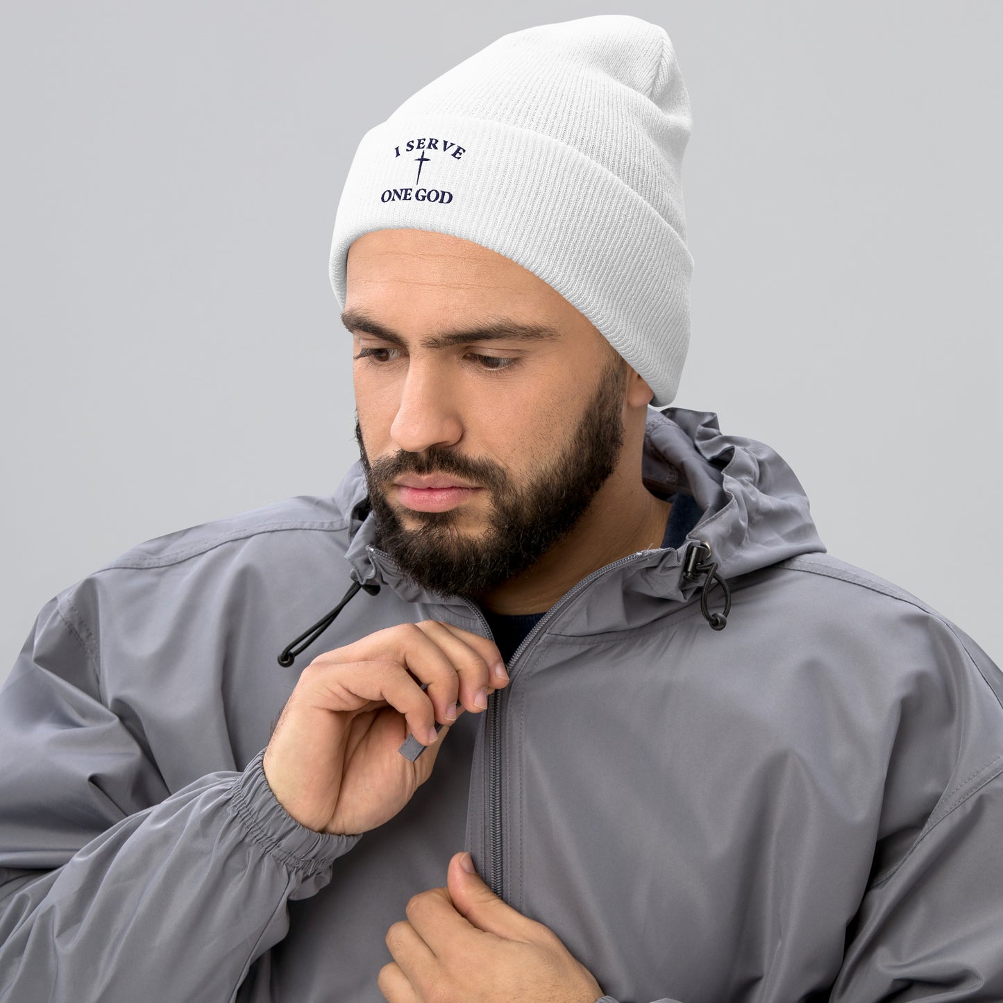 Blue Stitched Serve ONE GOD Cuffed Beanie